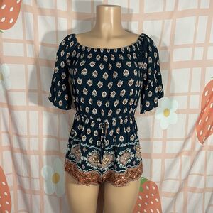 Notations Boho Navy Blue Paisley Floral Rayon Romper Size Small